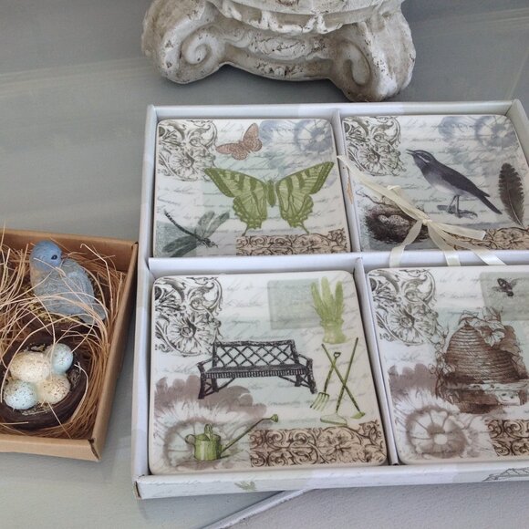 4 Decorative Garden Themed Plates with Mini Nest Candles - Picture 1 of 6